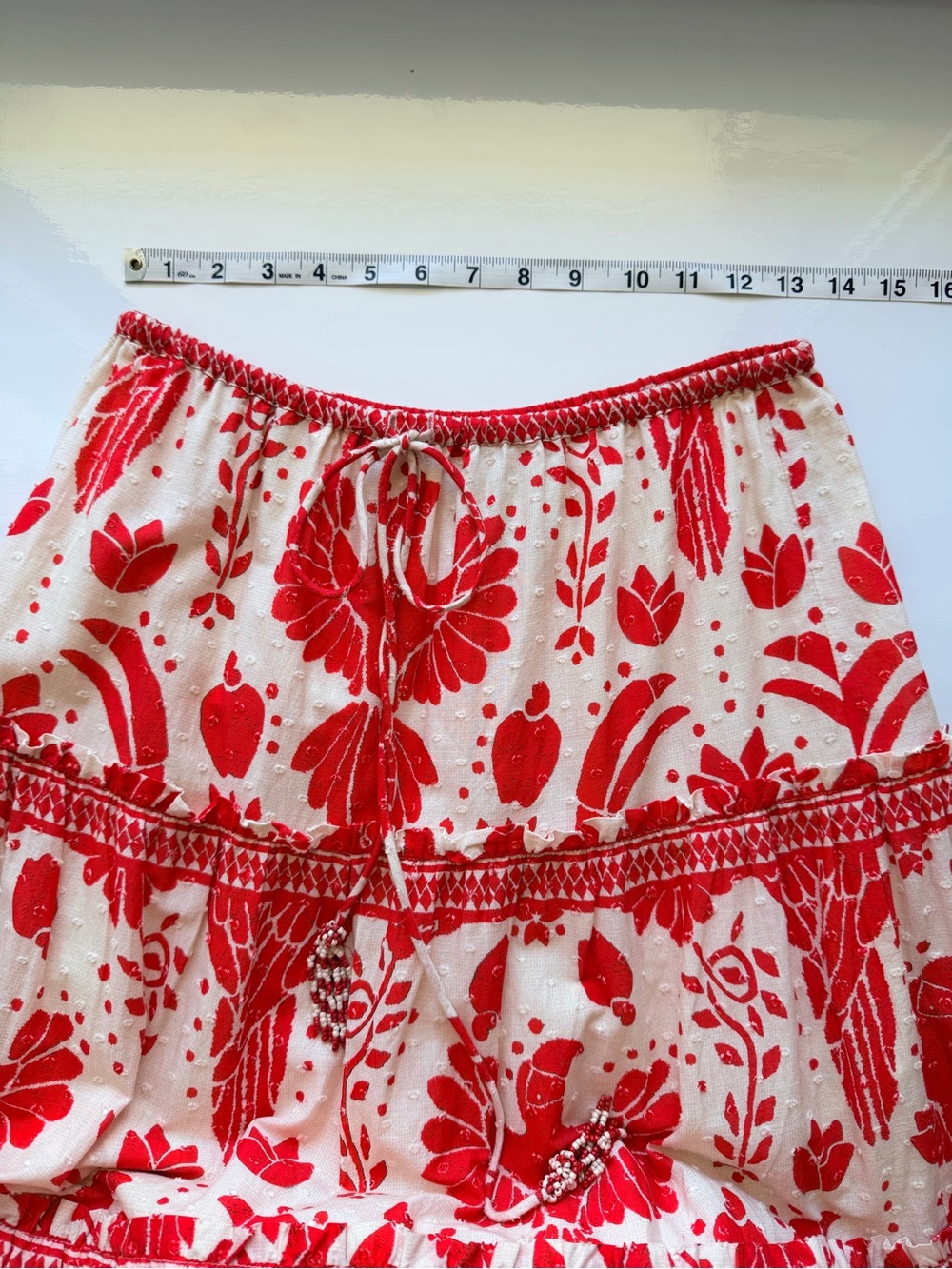 Farm Rio Red & Cream Floral Tiered Maxi Skirt XS Beaded Tassels - Picture 4 of 9